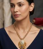 Yellow stone & clear accent medallion pendant necklace for women