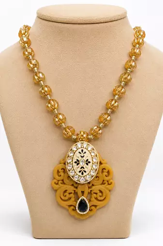 Yellow stone & clear accent medallion pendant necklace for women