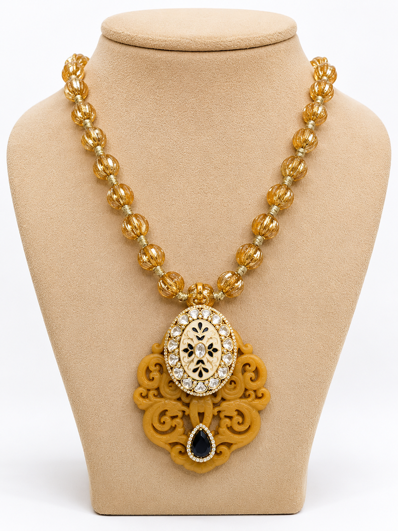 Yellow stone & clear accent medallion pendant necklace for women