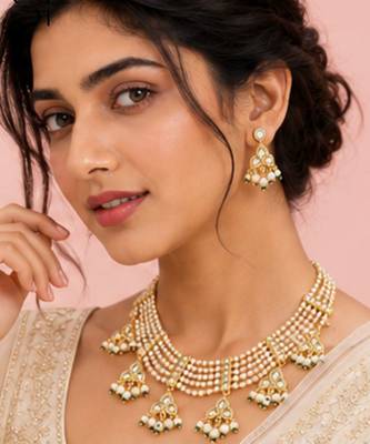 Pearl Kundan Choker Necklace Set for Women | Gold Plated Wedding & Festive Jewellery with Earrings 1