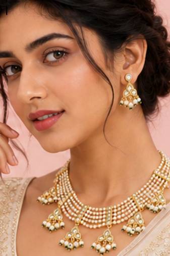 Pearl Kundan Choker Necklace Set for Women | Gold Plated Wedding & Festive Jewellery with Earrings