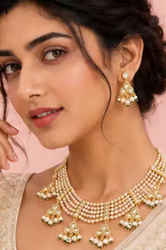 Pearl Kundan Choker Necklace Set for Women | Gold Plated Wedding & Festive Jewellery with Earrings