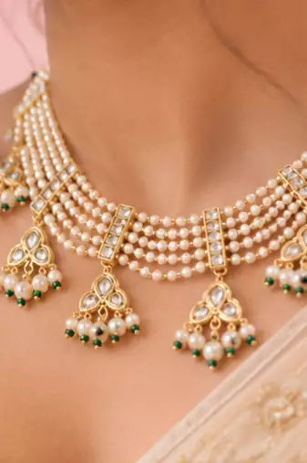 Pearl Kundan Choker Necklace Set for Women | Gold Plated Wedding & Festive Jewellery with Earrings
