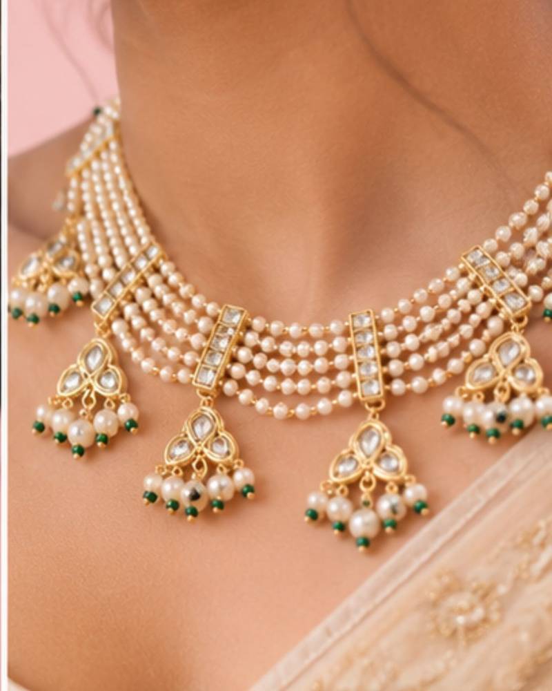 Pearl Kundan Choker Necklace Set for Women | Gold Plated Wedding & Festive Jewellery with Earrings