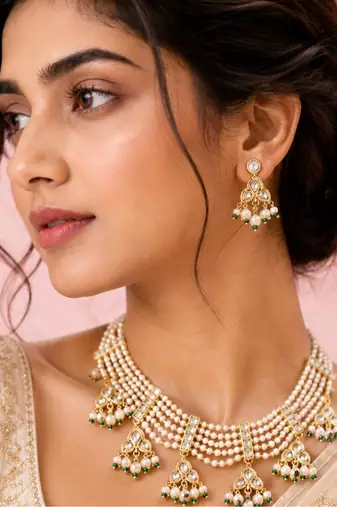 Pearl Kundan Choker Necklace Set for Women | Gold Plated Wedding & Festive Jewellery with Earrings