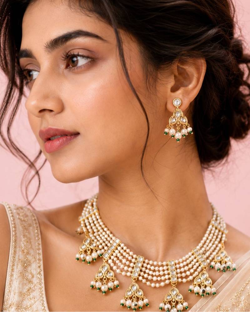 Pearl Kundan Choker Necklace Set for Women | Gold Plated Wedding & Festive Jewellery with Earrings