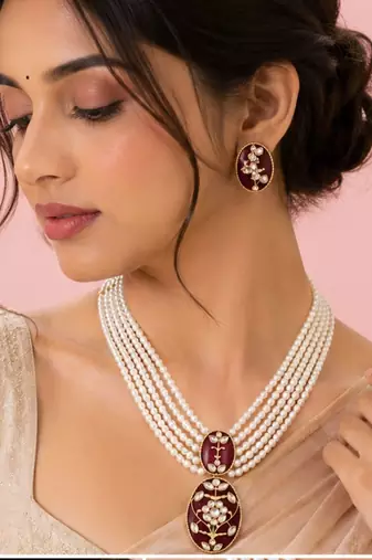 Pearl Pendant Necklace Set for Women | Multi-Layer Pearl Necklace with Matching Earrings | Red 
