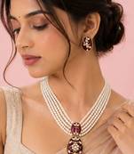 Pearl Pendant Necklace Set for Women | Multi-Layer Pearl Necklace with Matching Earrings | Red 
