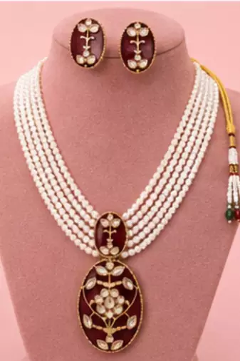Pearl Pendant Necklace Set for Women | Multi-Layer Pearl Necklace with Matching Earrings | Red 