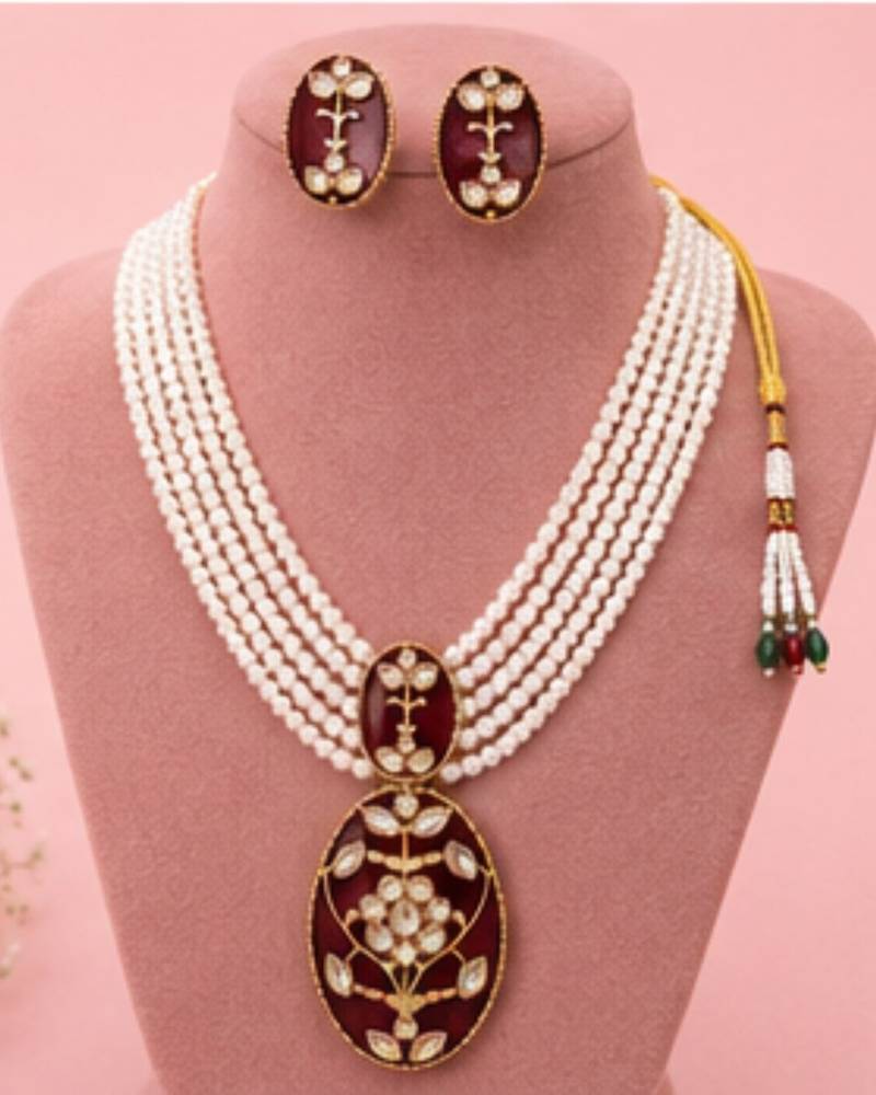 Pearl Pendant Necklace Set for Women | Multi-Layer Pearl Necklace with Matching Earrings | Red 