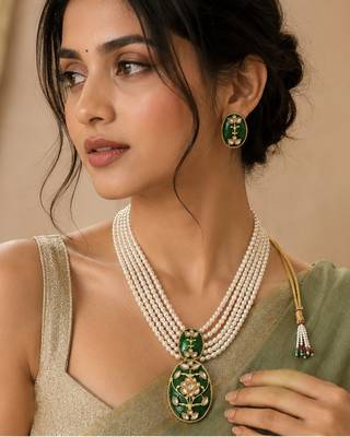 Pearl Pendant Necklace Set for Women | Multi-Layer Pearl Necklace with Matching Earrings |Green 1