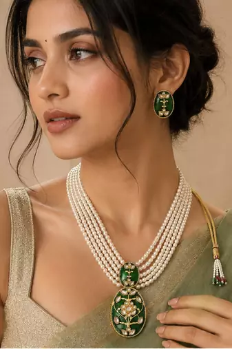Pearl Pendant Necklace Set for Women | Multi-Layer Pearl Necklace with Matching Earrings |Green