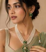 Pearl Pendant Necklace Set for Women | Multi-Layer Pearl Necklace with Matching Earrings |Green