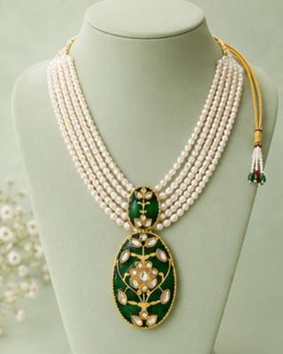 Pearl Pendant Necklace Set for Women | Multi-Layer Pearl Necklace with Matching Earrings |Green 3