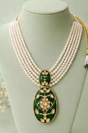 Pearl Pendant Necklace Set for Women | Multi-Layer Pearl Necklace with Matching Earrings |Green