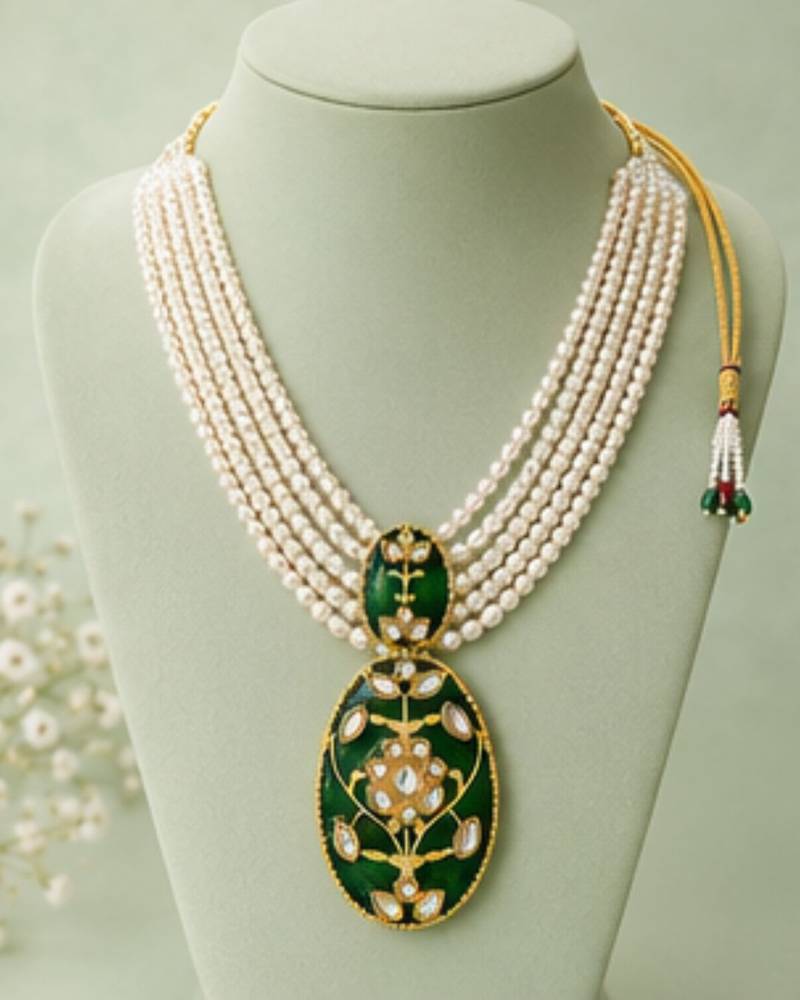 Pearl Pendant Necklace Set for Women | Multi-Layer Pearl Necklace with Matching Earrings |Green