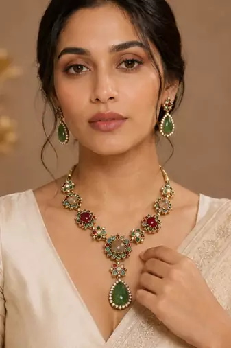 Vintage Green Stone Necklace Set for Women | Antique Gold Plated Statement Pendant Necklace with Earrings