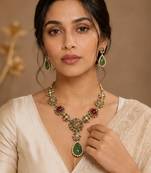 Vintage Green Stone Necklace Set for Women | Antique Gold Plated Statement Pendant Necklace with Earrings