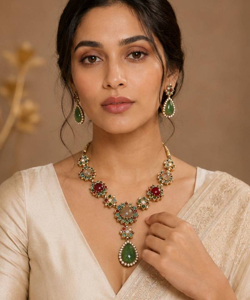 Vintage Green Stone Necklace Set for Women | Antique Gold Plated Statement Pendant Necklace with Earrings