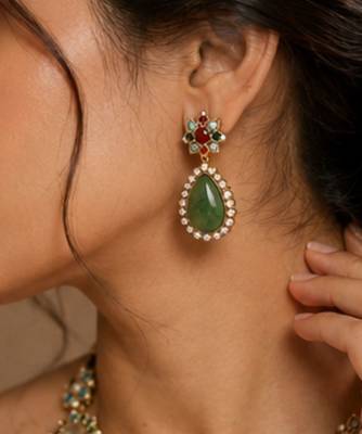 Vintage Green Stone Necklace Set for Women | Antique Gold Plated Statement Pendant Necklace with Earrings 2