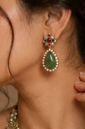 Vintage Green Stone Necklace Set for Women | Antique Gold Plated Statement Pendant Necklace with Earrings