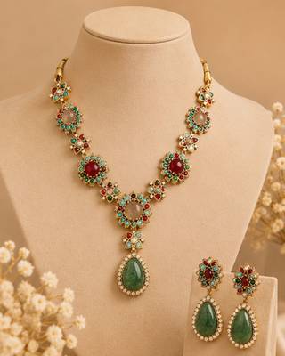 Vintage Green Stone Necklace Set for Women | Antique Gold Plated Statement Pendant Necklace with Earrings 3