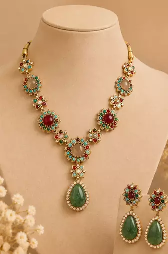 Vintage Green Stone Necklace Set for Women | Antique Gold Plated Statement Pendant Necklace with Earrings
