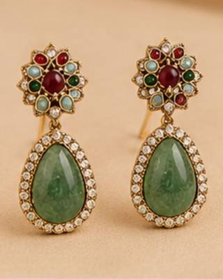 Vintage Green Stone Necklace Set for Women | Antique Gold Plated Statement Pendant Necklace with Earrings 4