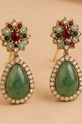 Vintage Green Stone Necklace Set for Women | Antique Gold Plated Statement Pendant Necklace with Earrings