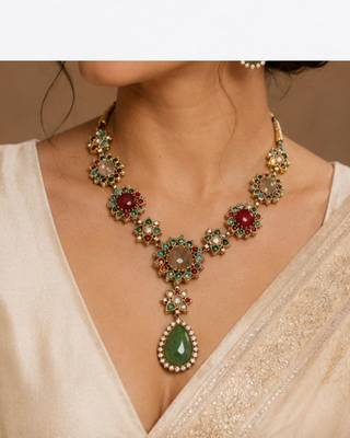 Vintage Green Stone Necklace Set for Women | Antique Gold Plated Statement Pendant Necklace with Earrings 5