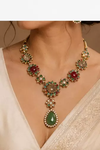 Vintage Green Stone Necklace Set for Women | Antique Gold Plated Statement Pendant Necklace with Earrings