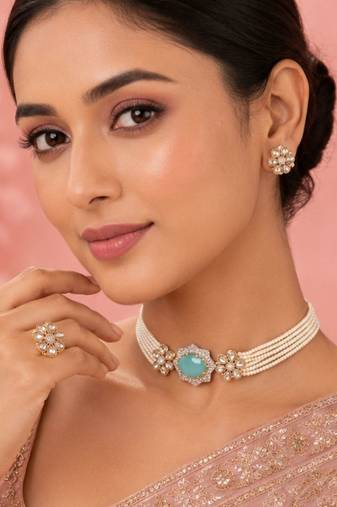 Pearl Choker Jewellery Set for Women | Floral CZ Necklace Set with Earrings
