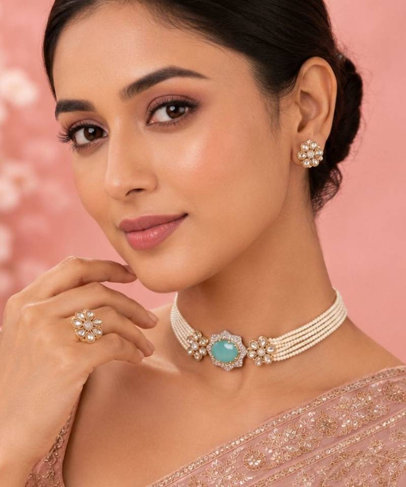 Pearl Choker Jewellery Set for Women | Floral CZ Necklace Set with Earrings