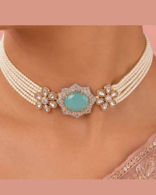 Pearl Choker Jewellery Set for Women | Floral CZ Necklace Set with Earrings 4