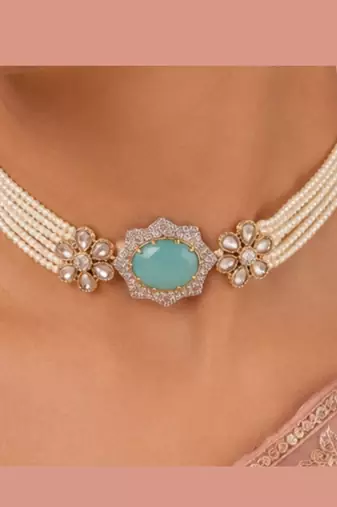 Pearl Choker Jewellery Set for Women | Floral CZ Necklace Set with Earrings