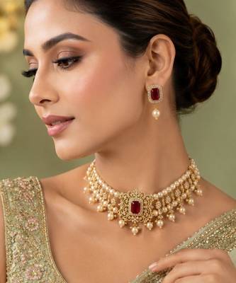 Pearl Choker Necklace Set for Women | Bridal Jewellery Set with Earrings | Red  1