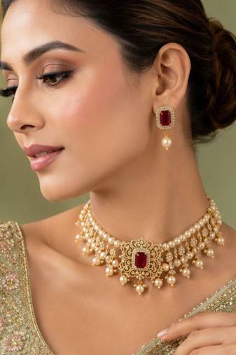 Pearl Choker Necklace Set for Women | Bridal Jewellery Set with Earrings | Red 
