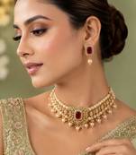 Pearl Choker Necklace Set for Women | Bridal Jewellery Set with Earrings | Red 
