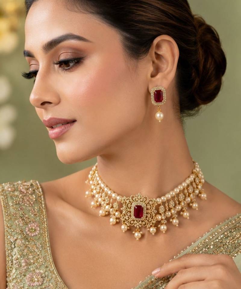 Pearl Choker Necklace Set for Women | Bridal Jewellery Set with Earrings | Red 