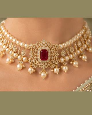 Pearl Choker Necklace Set for Women | Bridal Jewellery Set with Earrings | Red  3