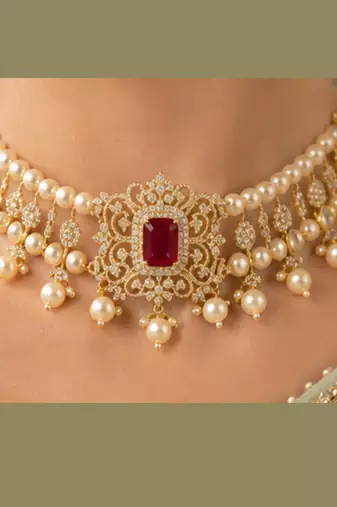 Pearl Choker Necklace Set for Women | Bridal Jewellery Set with Earrings | Red 