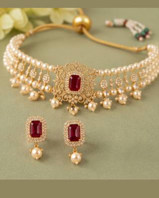 Pearl Choker Necklace Set for Women | Bridal Jewellery Set with Earrings | Red  4