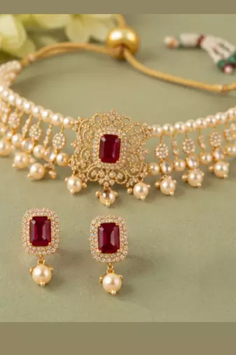 Pearl Choker Necklace Set for Women | Bridal Jewellery Set with Earrings | Red 