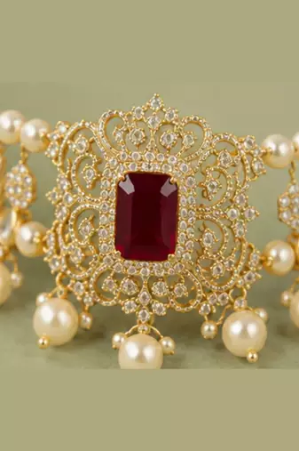 Pearl Choker Necklace Set for Women | Bridal Jewellery Set with Earrings | Red 