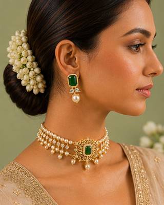 Pearl Choker Necklace Set for Women | Bridal Jewellery Set with Earrings | Green  1
