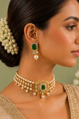 Pearl Choker Necklace Set for Women | Bridal Jewellery Set with Earrings | Green 