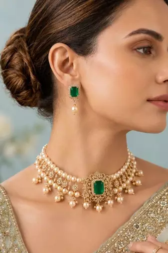 Pearl Choker Necklace Set for Women | Bridal Jewellery Set with Earrings | Green 