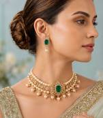 Pearl Choker Necklace Set for Women | Bridal Jewellery Set with Earrings | Green 