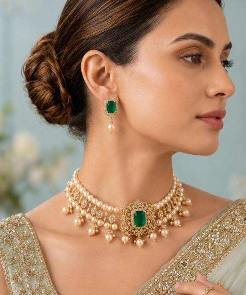 Pearl Choker Necklace Set for Women | Bridal Jewellery Set with Earrings | Green 