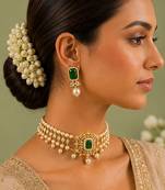 Pearl Choker Necklace Set for Women | Bridal Jewellery Set with Earrings | Green 